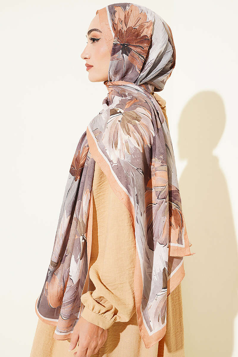 Water Lily Print Bamboo Crinkle Shawl - Latte