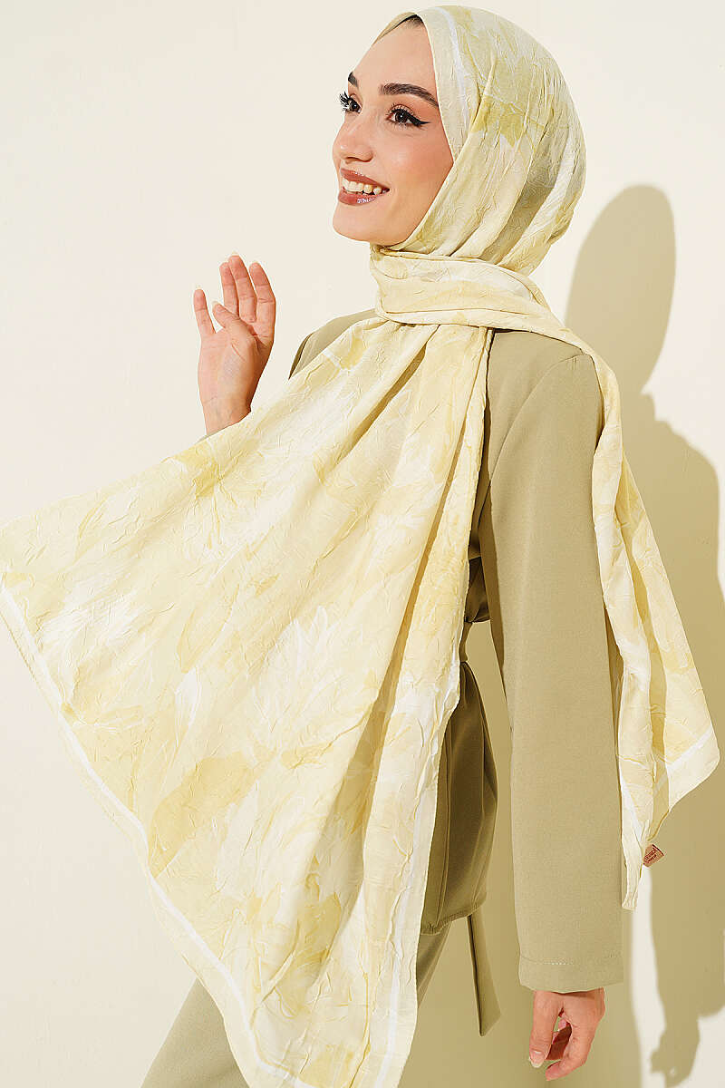 Water Lily Print Bamboo Crinkle Shawl - Lime