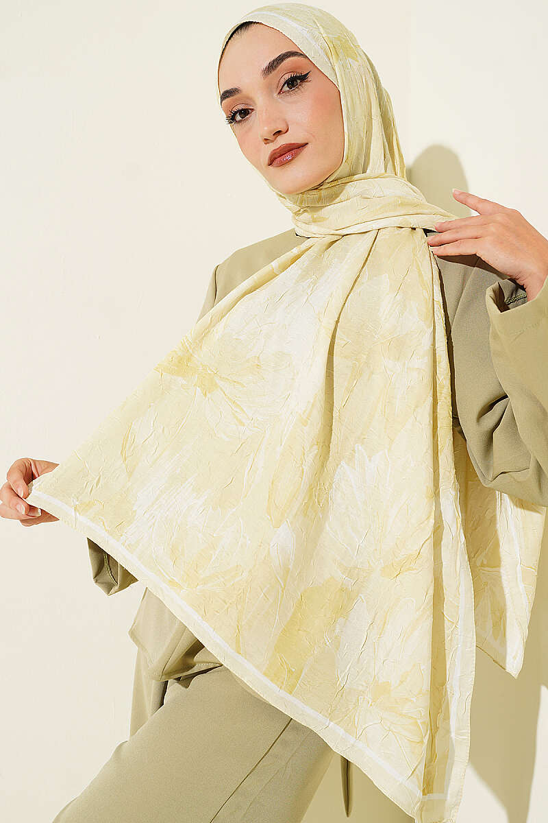 Water Lily Print Bamboo Crinkle Shawl - Lime