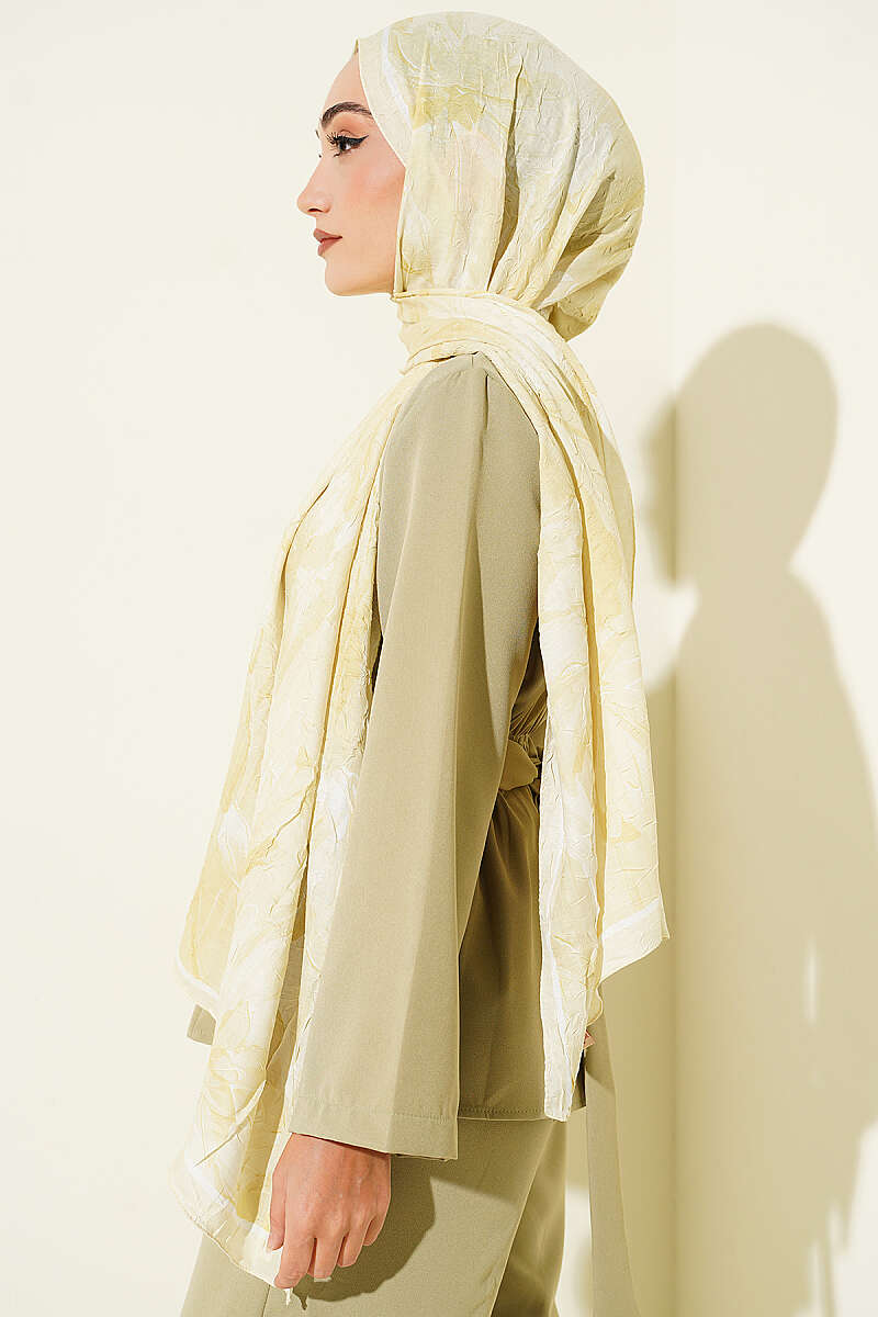 Water Lily Print Bamboo Crinkle Shawl - Lime