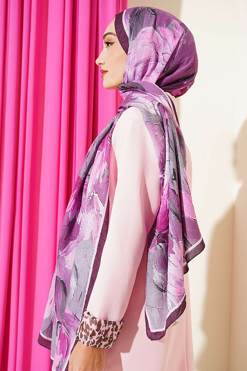 Water Lily Print Bamboo Crinkle Shawl - Plum