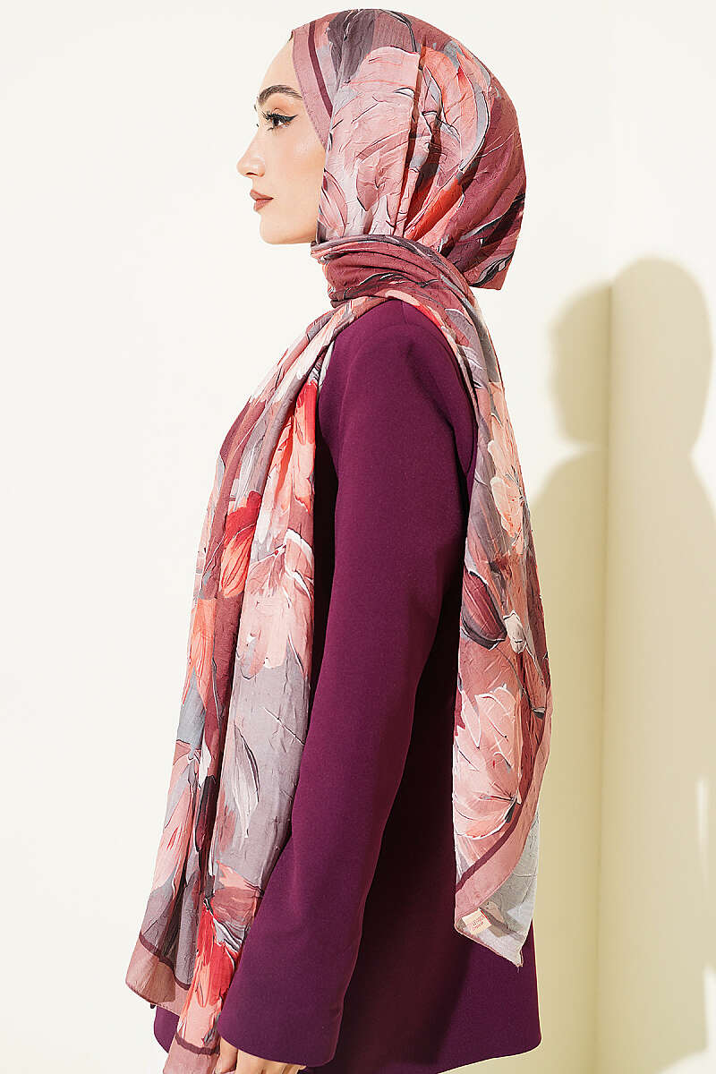 Water Lily Print Bamboo Crinkle Shawl - Mink Brown