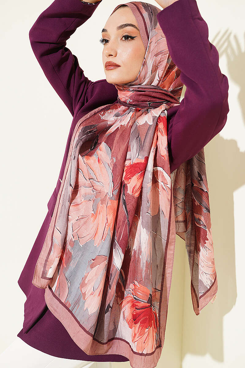 Water Lily Print Bamboo Crinkle Shawl - Mink Brown