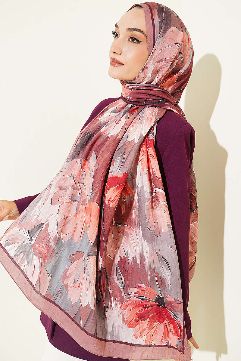 Water Lily Print Bamboo Crinkle Shawl - Mink Brown