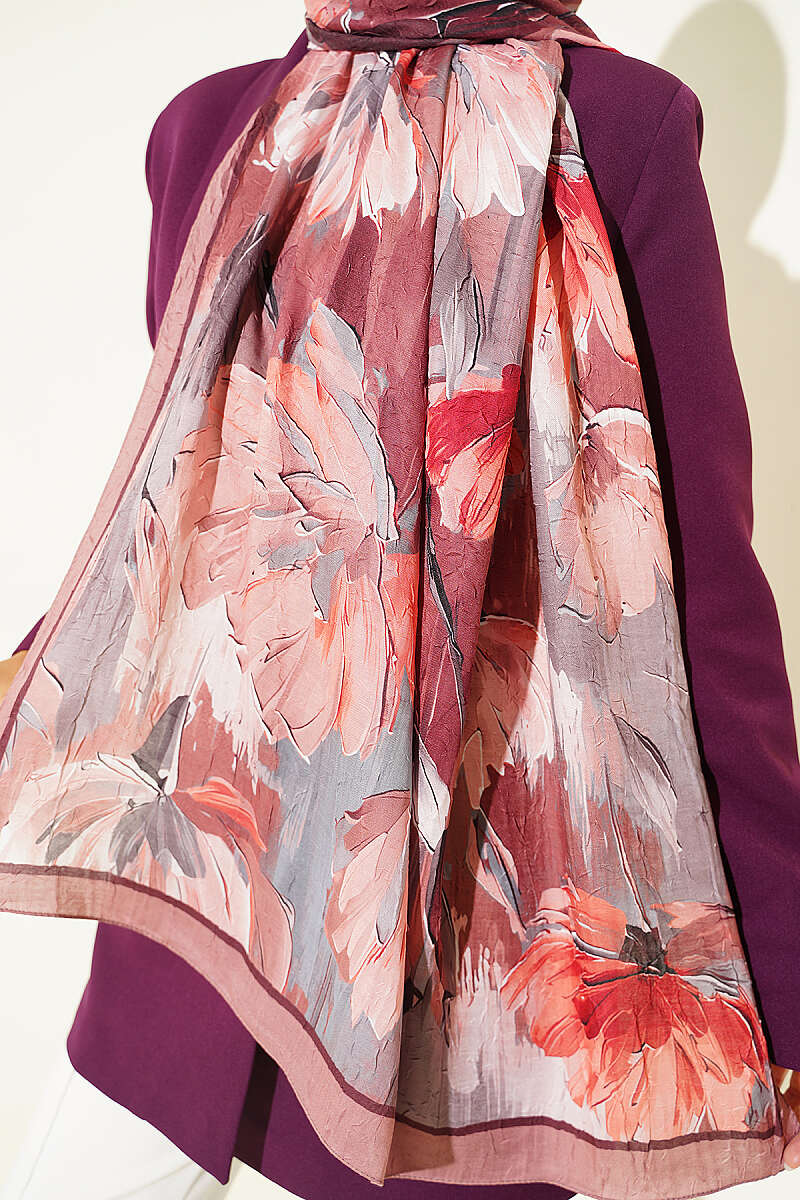 Water Lily Print Bamboo Crinkle Shawl - Mink Brown