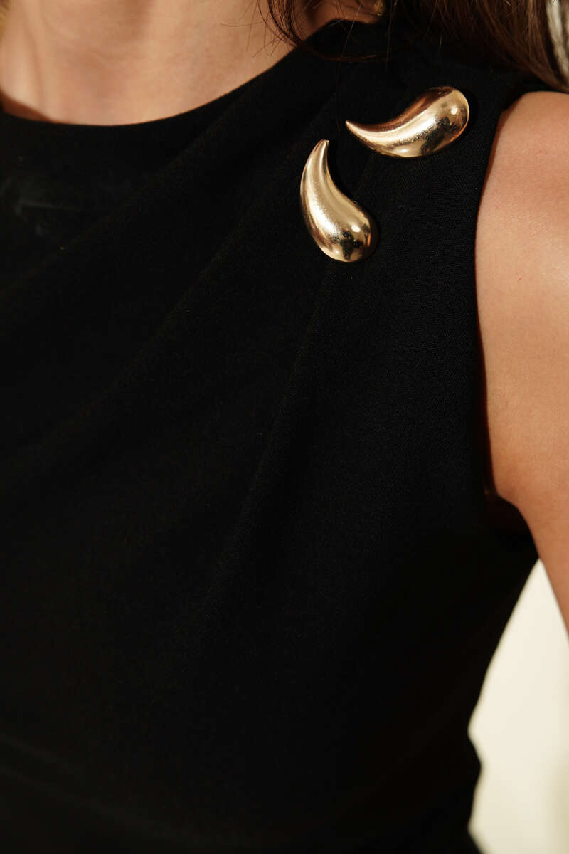 Mini Dress with Shoulder Accessory and Ruched Waist - Black