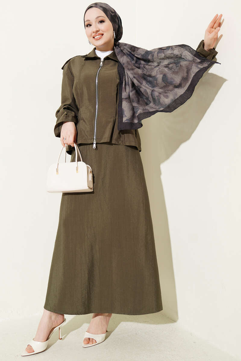 Skirt Set with Epaulettes and Waist Darts - Khaki