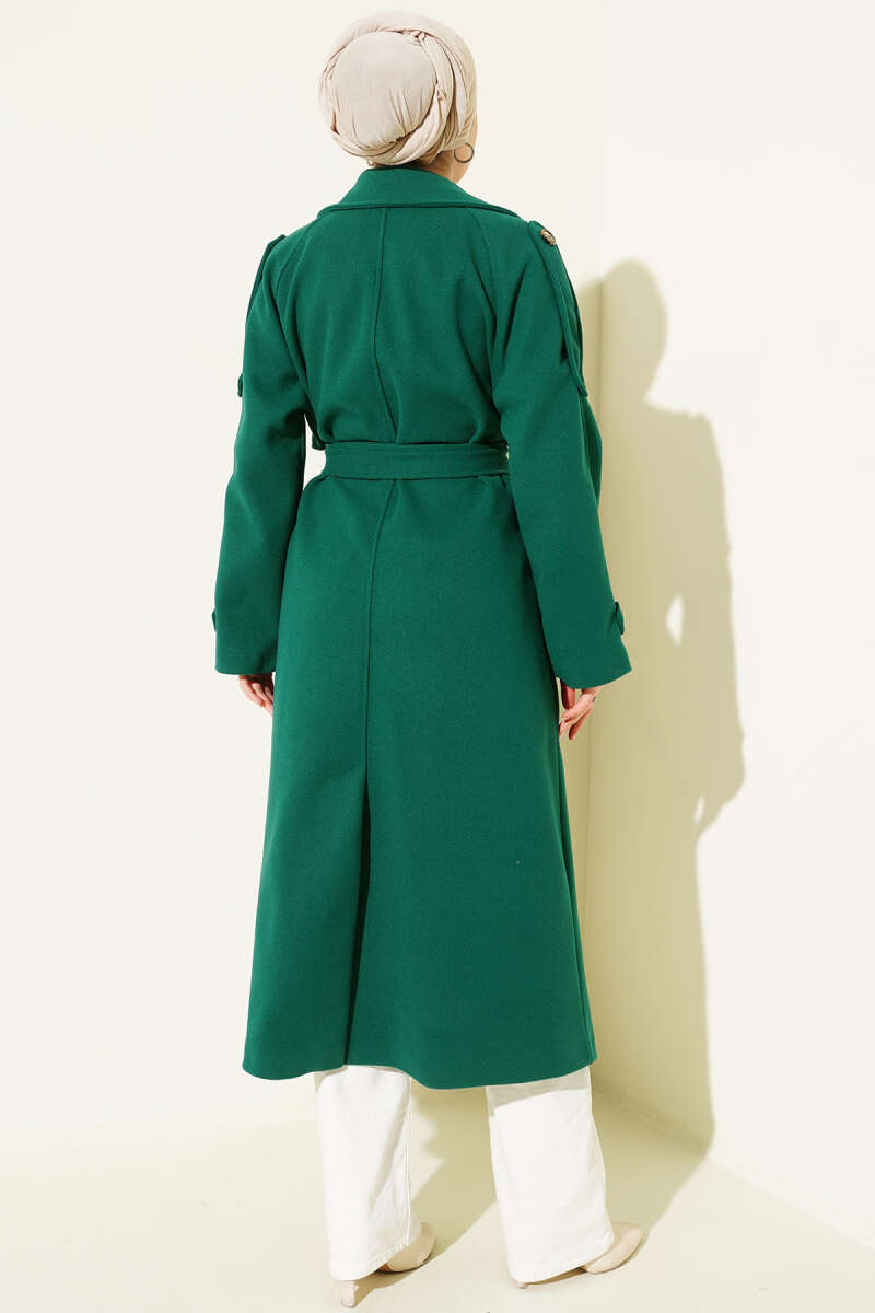 Felt Coat with Epaulettes and Button Detail - Emerald