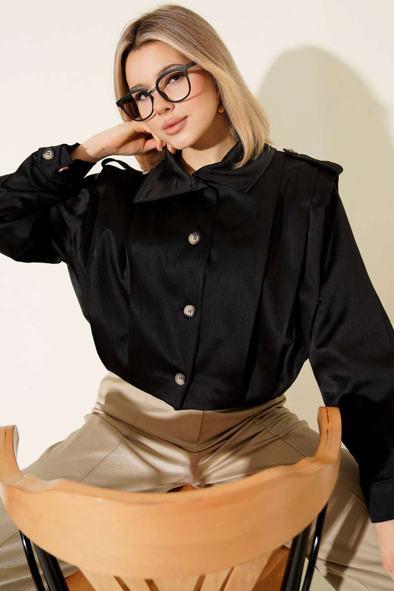 Button Jacket with Shoulder Epaulettes - Black