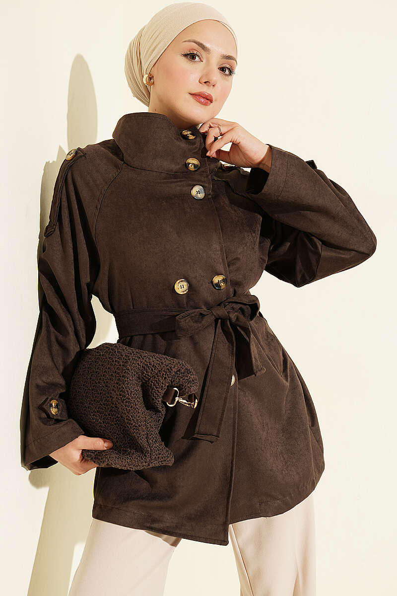Short Suede Button Trench Coat with Epaulettes - Dark Brown