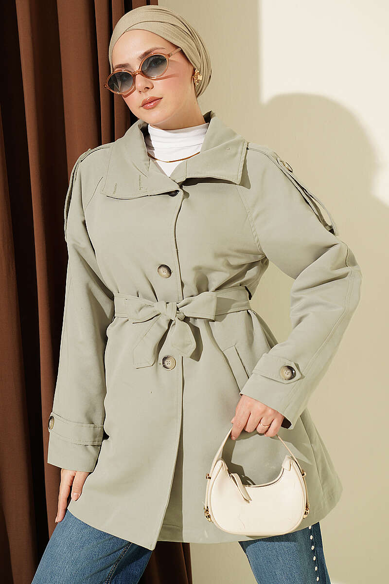 Button Trench Coat with Epaulettes - Almond Green