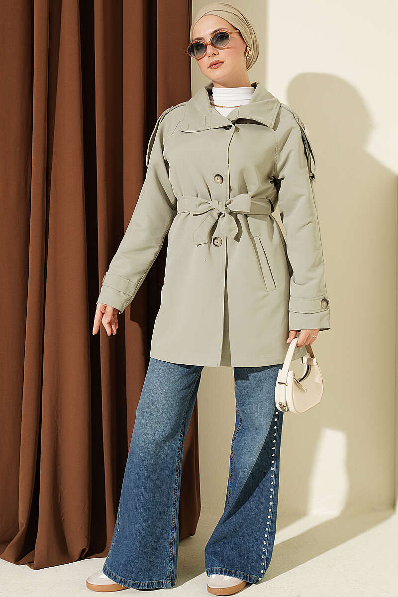 Button Trench Coat with Epaulettes - Almond Green