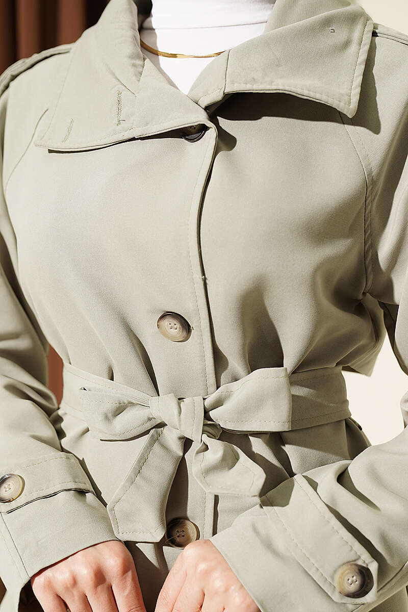 Button Trench Coat with Epaulettes - Almond Green