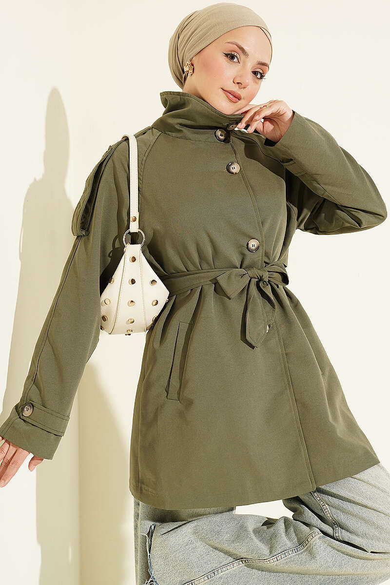 Button Trench Coat with Epaulettes - Khaki