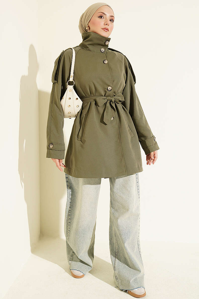 Button Trench Coat with Epaulettes - Khaki