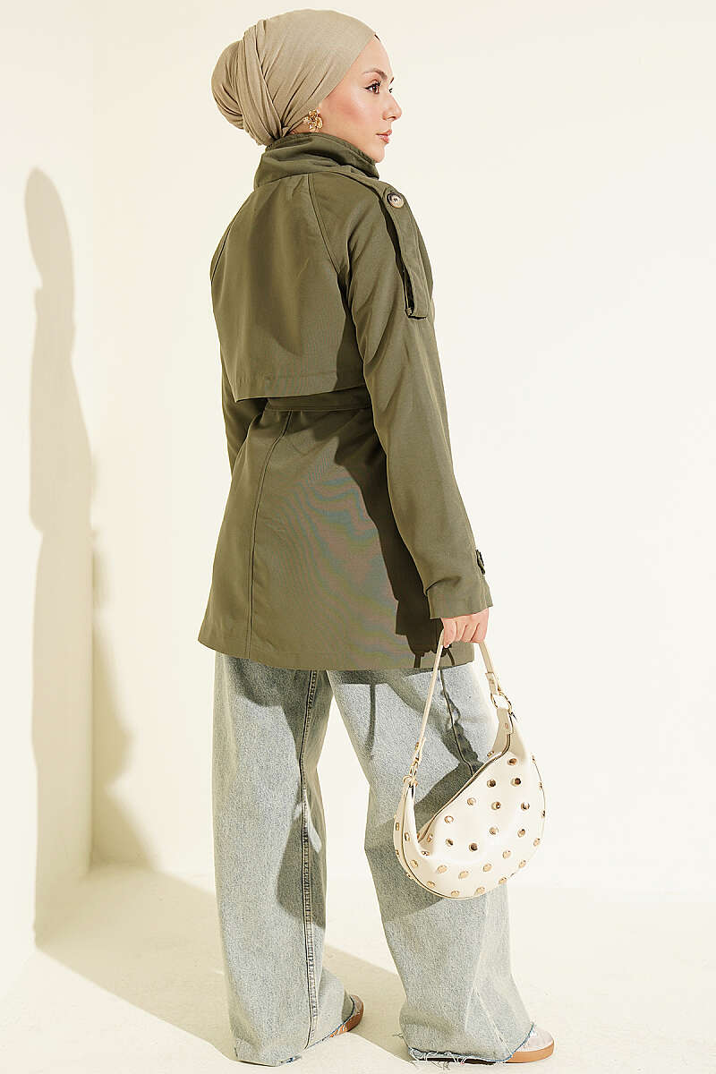 Button Trench Coat with Epaulettes - Khaki