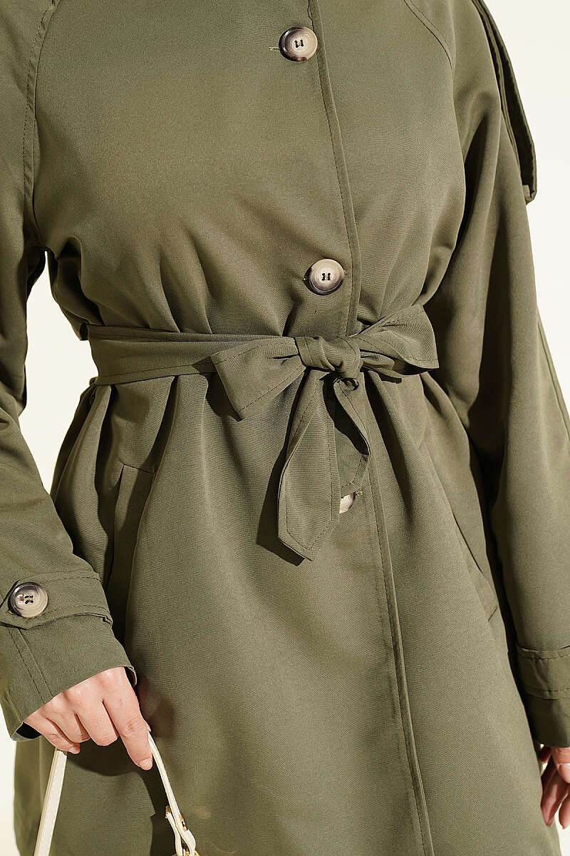 Button Trench Coat with Epaulettes - Khaki