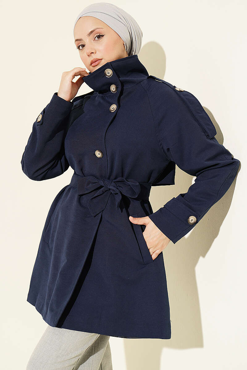 Button Trench Coat with Epaulettes - Navy