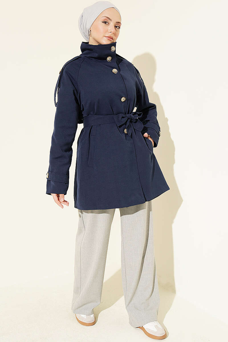 Button Trench Coat with Epaulettes - Navy
