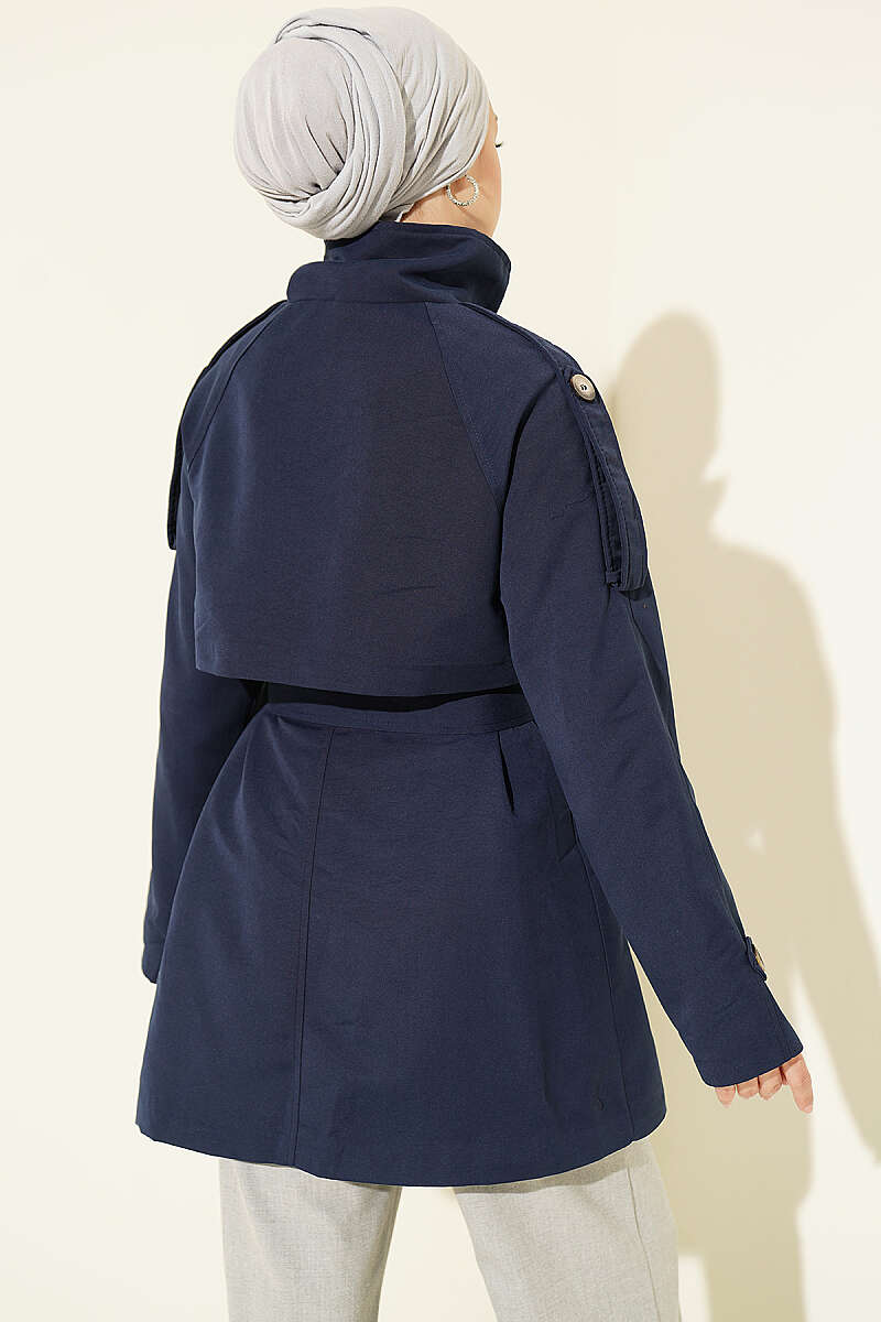 Button Trench Coat with Epaulettes - Navy