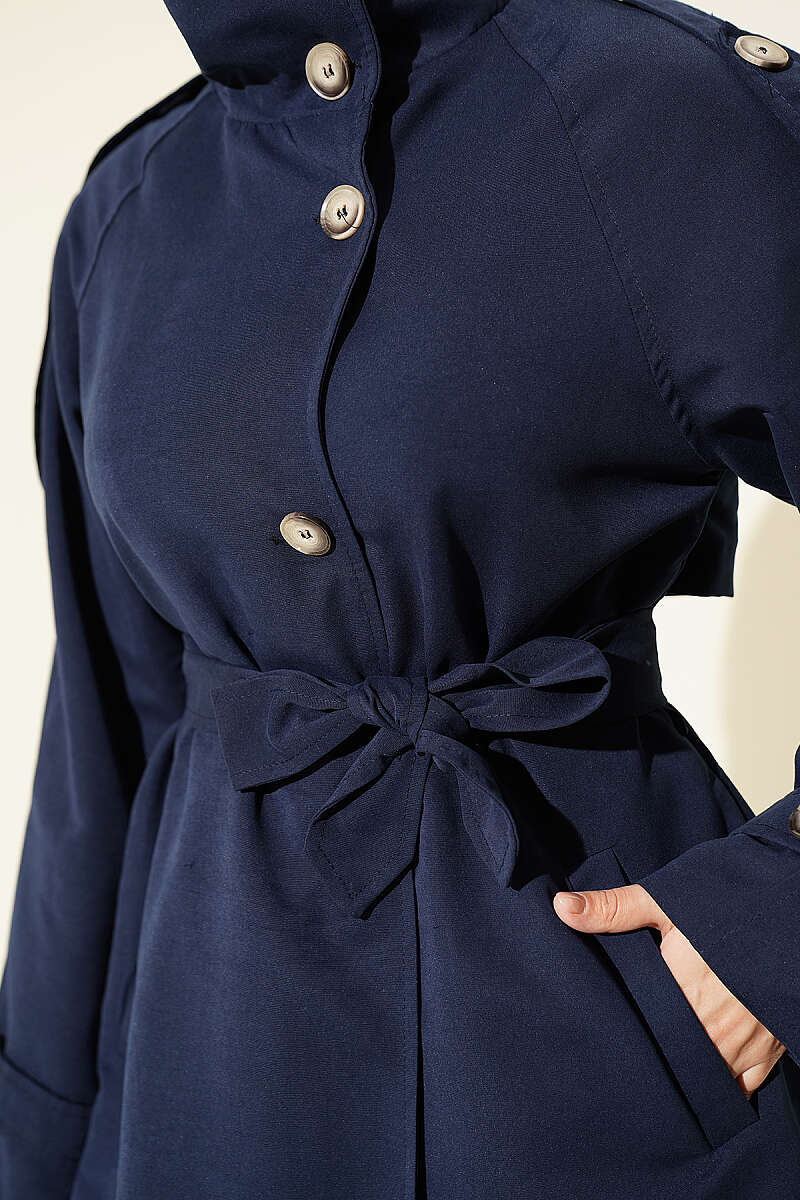 Button Trench Coat with Epaulettes - Navy