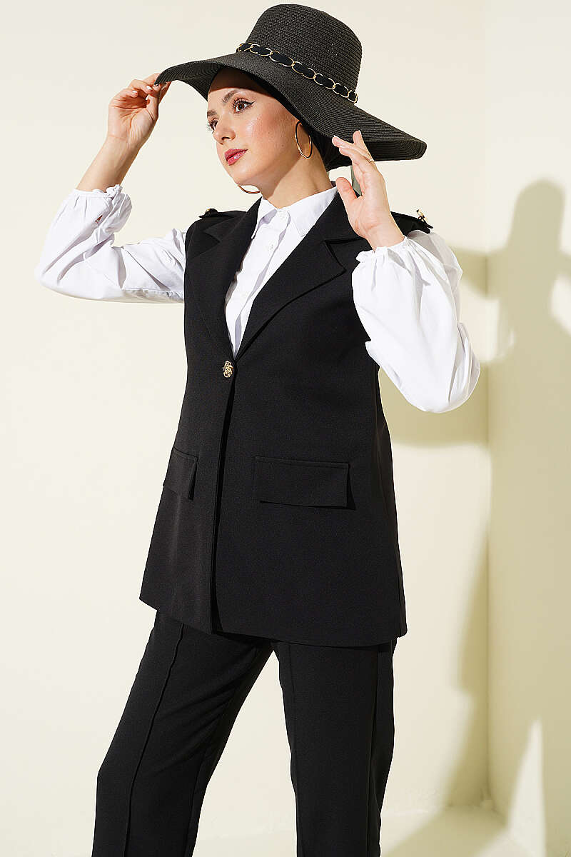 Vest Set with Epaulettes and Gold Buttons - Black