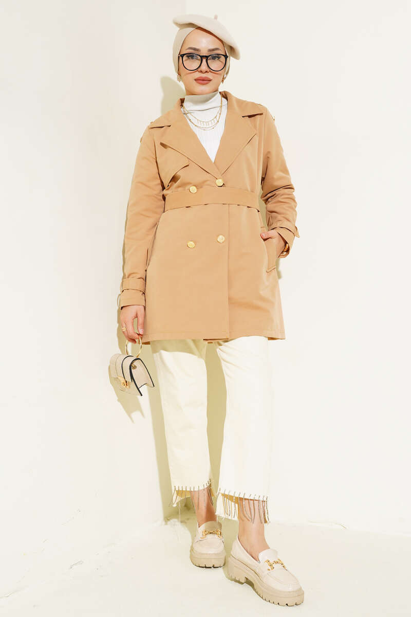 Short Trench Coat with Epaulettes - Camel