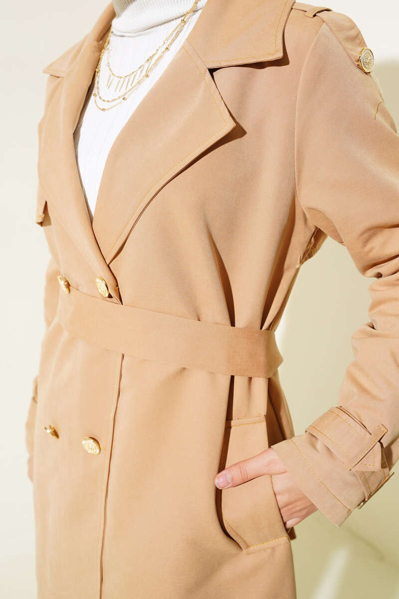 Short Trench Coat with Epaulettes - Camel