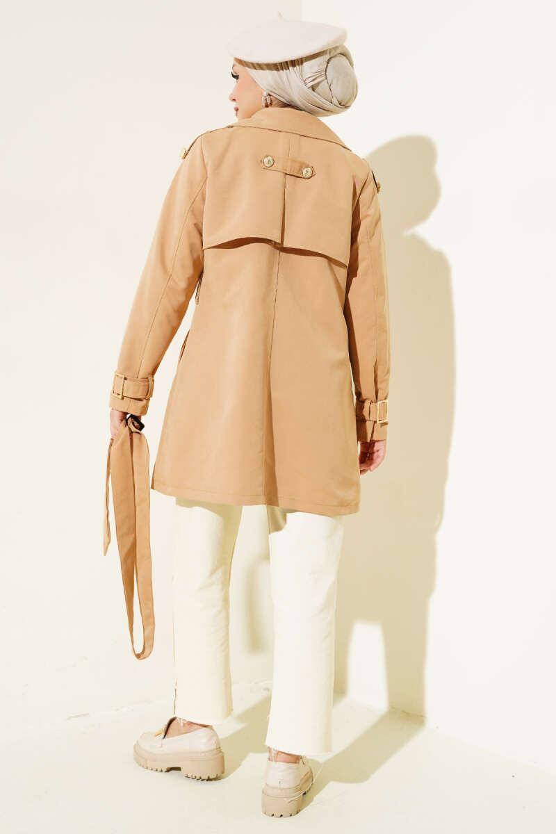 Short Trench Coat with Epaulettes - Camel