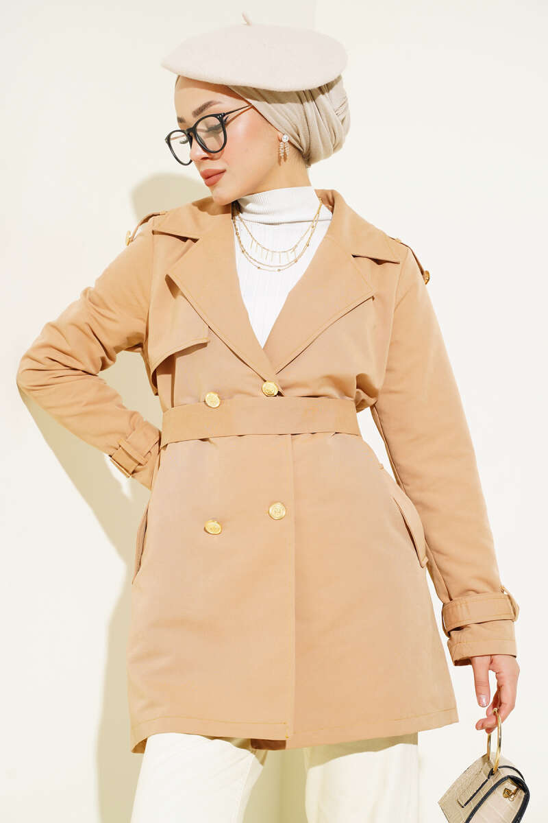 Short Trench Coat with Epaulettes - Camel