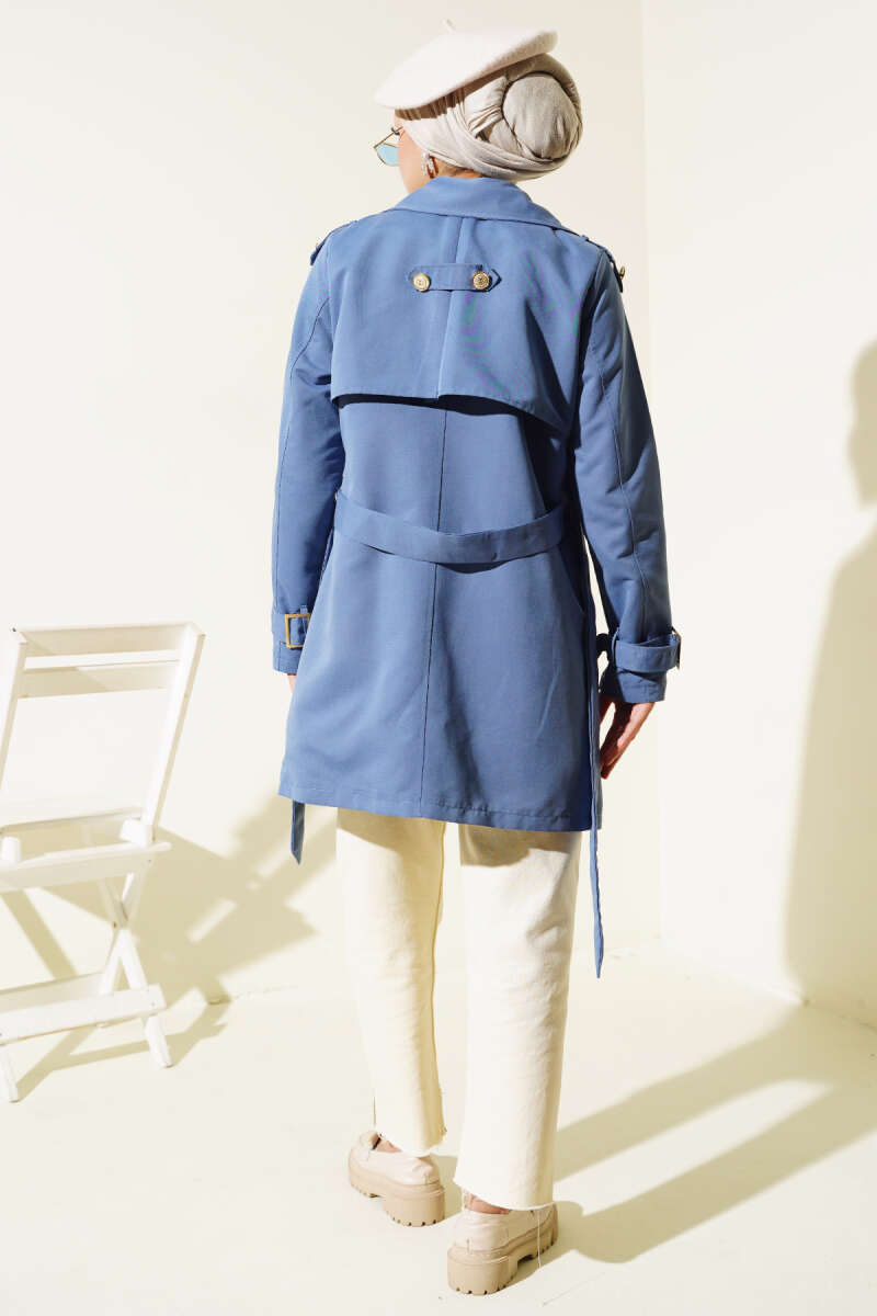 Short Trench Coat with Epaulettes - Indigo
