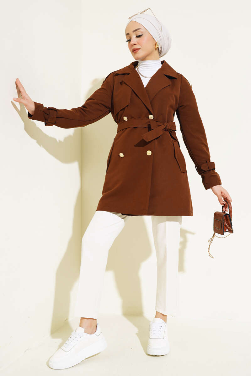 Short Trench Coat with Epaulettes - Brown