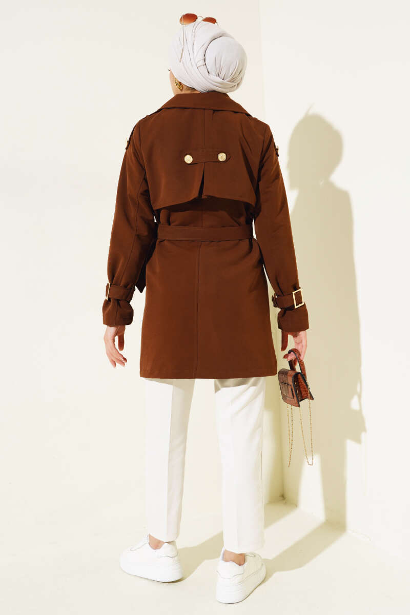 Short Trench Coat with Epaulettes - Brown