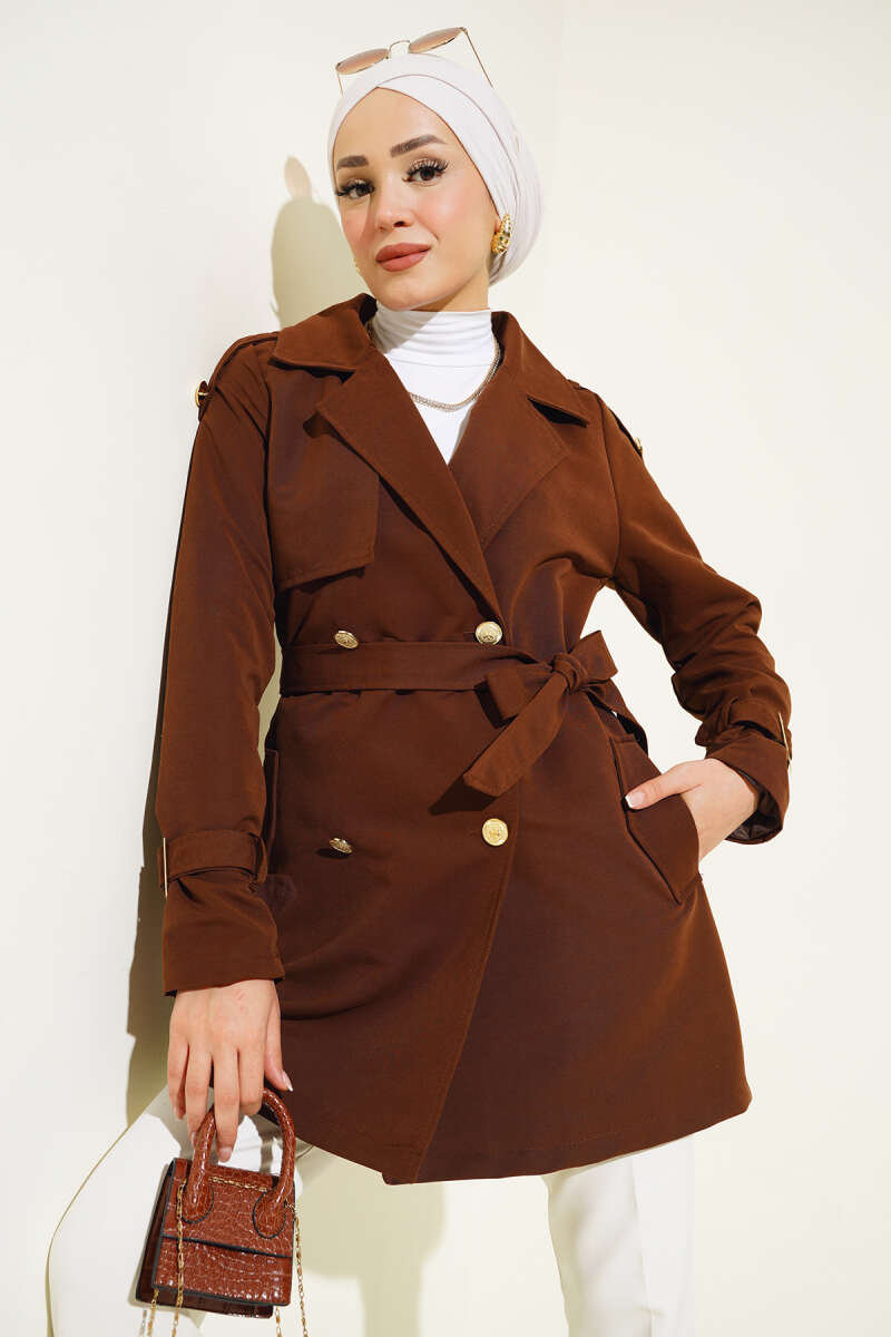 Short Trench Coat with Epaulettes - Brown