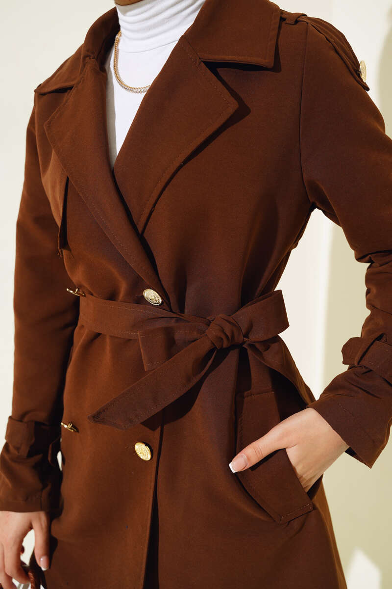 Short Trench Coat with Epaulettes - Brown
