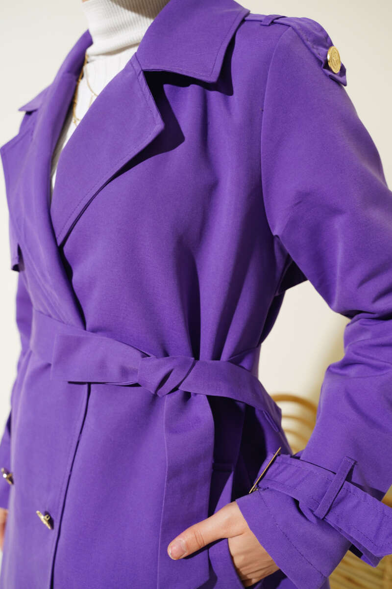 Short Trench Coat with Epaulettes - Violet