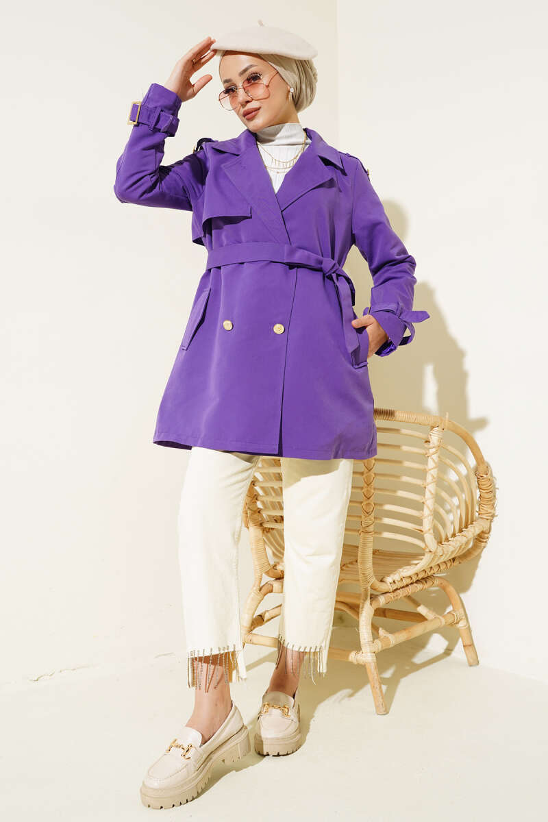 Short Trench Coat with Epaulettes - Violet