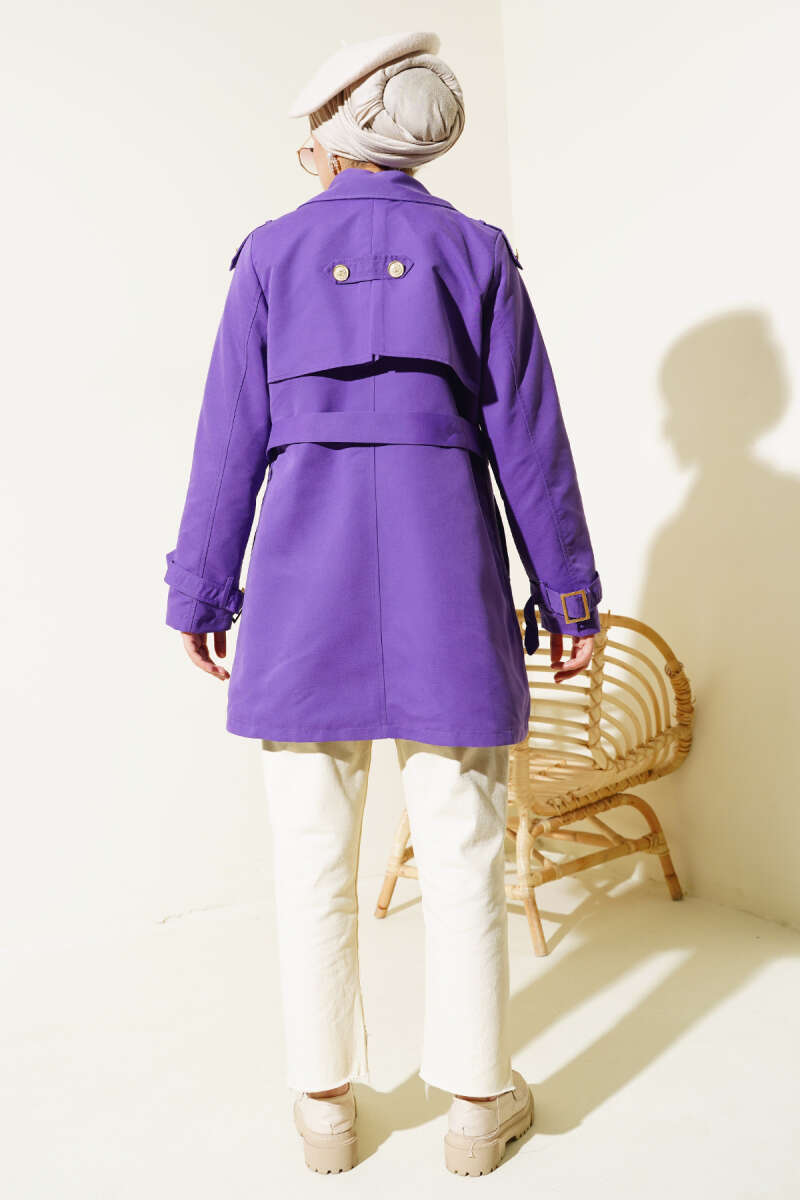 Short Trench Coat with Epaulettes - Violet