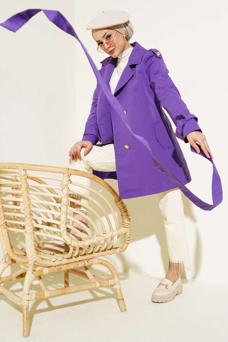 Short Trench Coat with Epaulettes - Violet