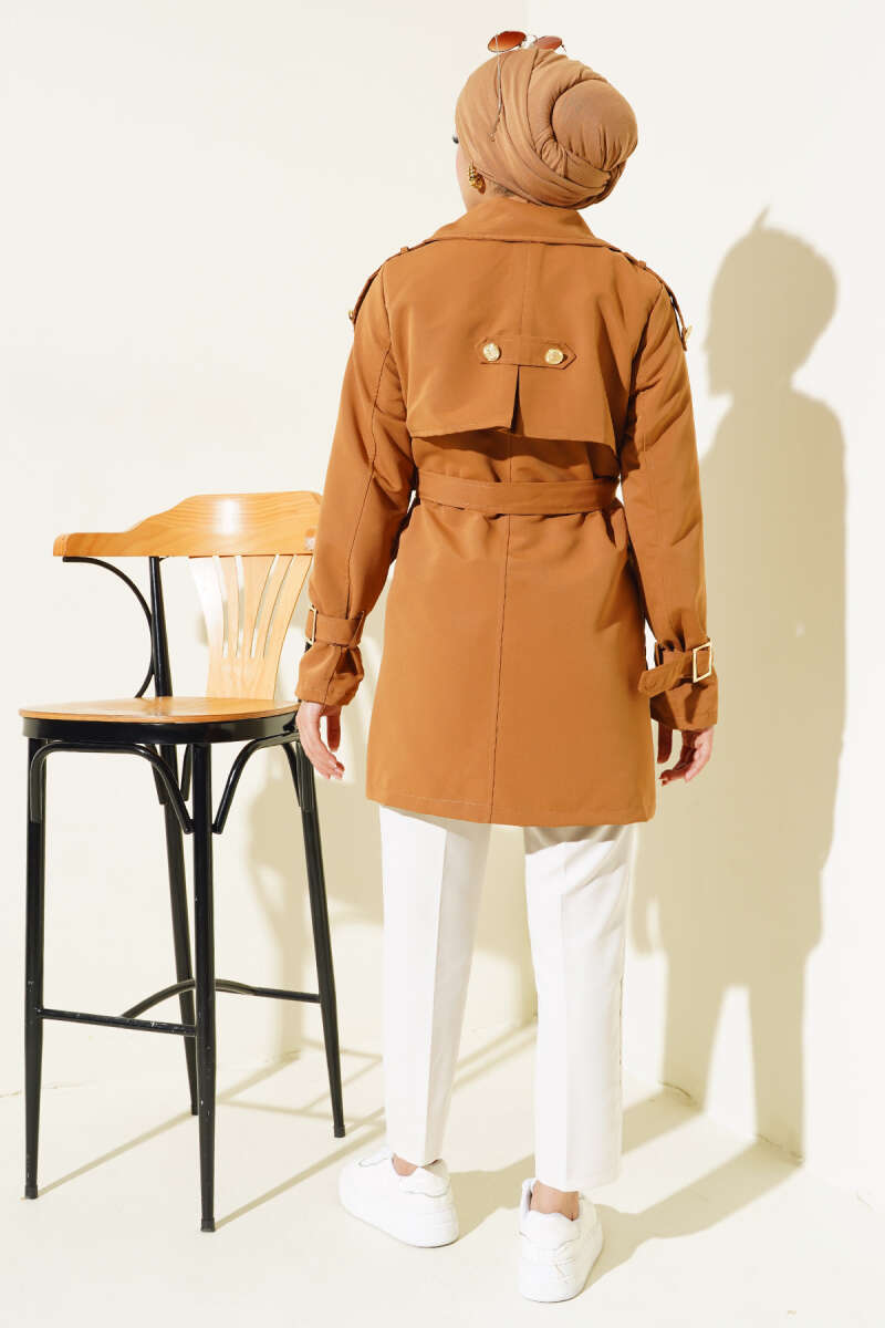 Short Trench Coat with Epaulettes - Tan