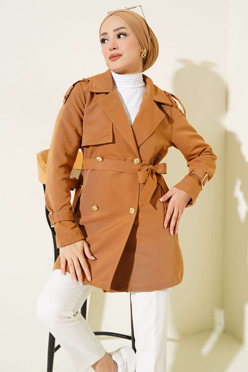 Short Trench Coat with Epaulettes - Tan