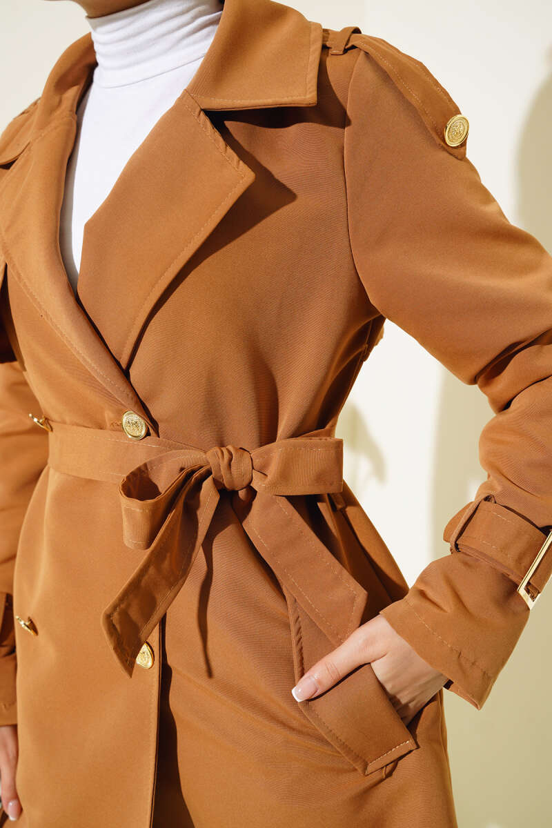 Short Trench Coat with Epaulettes - Tan