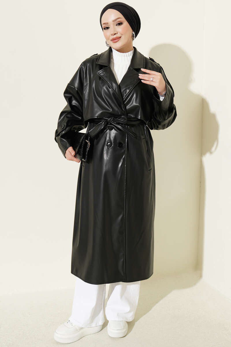 Double-Breasted Leather Trench Coat with Epaulettes - Black