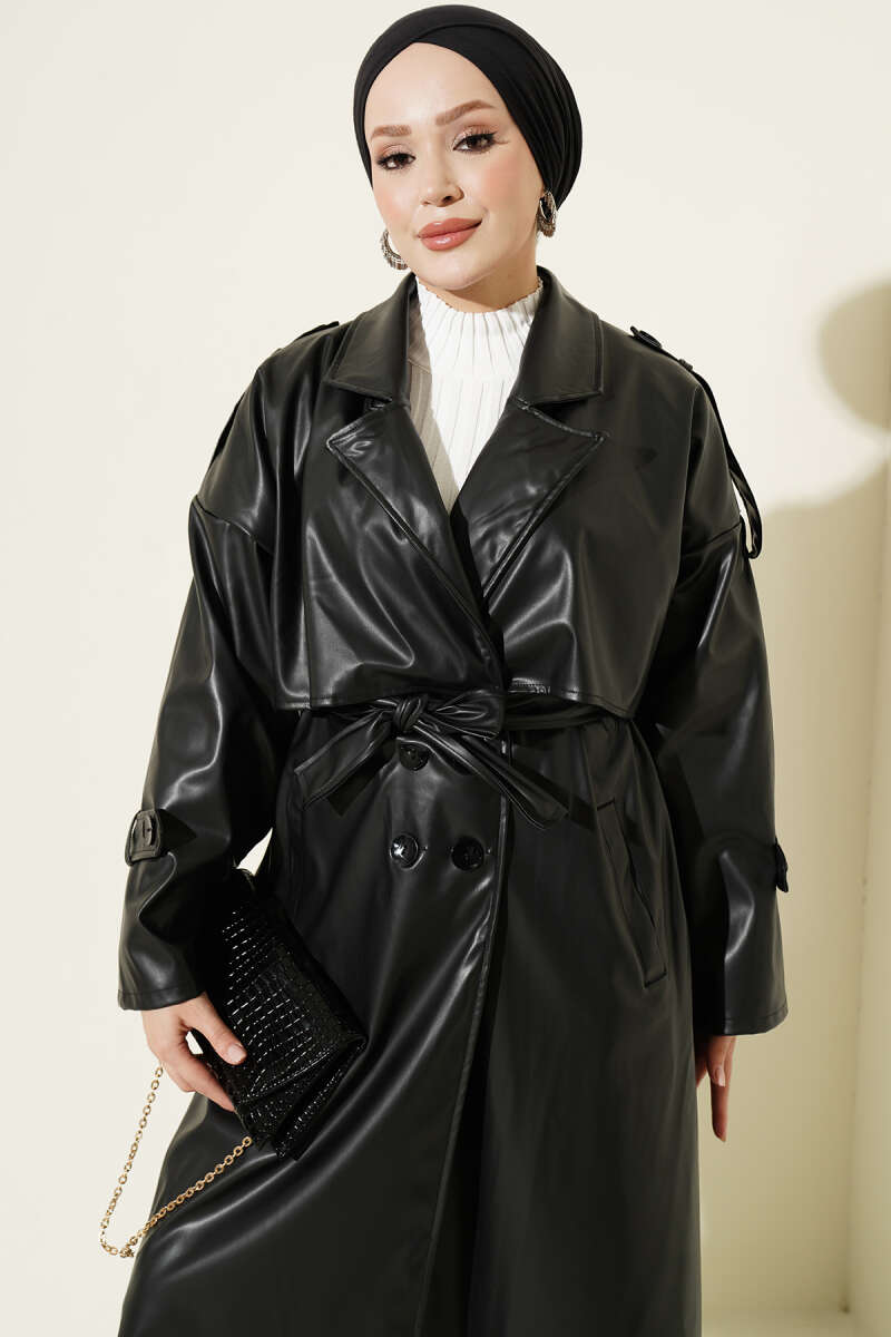 Double-Breasted Leather Trench Coat with Epaulettes - Black