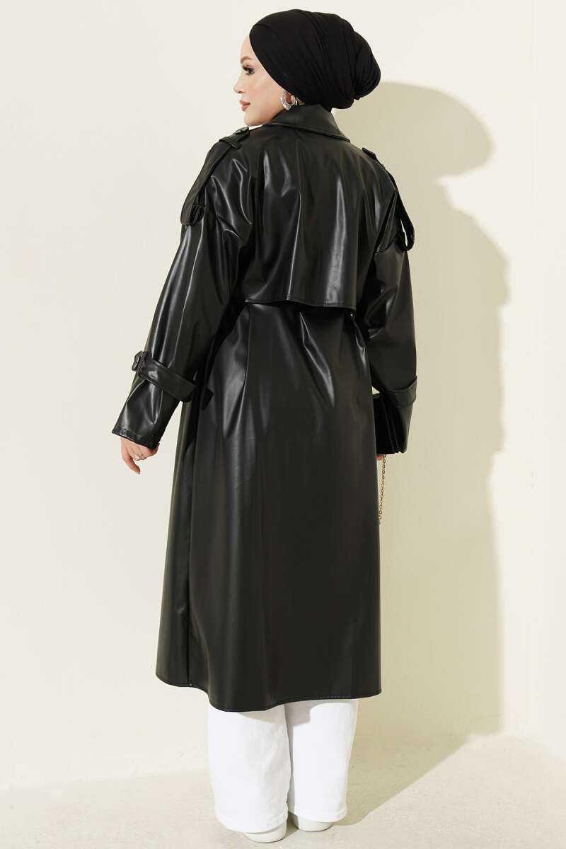 Double-Breasted Leather Trench Coat with Epaulettes - Black
