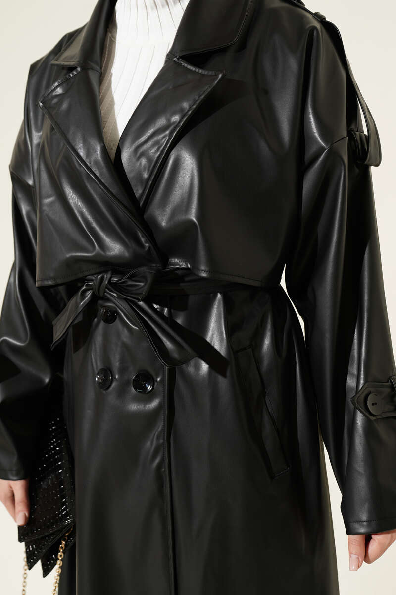 Double-Breasted Leather Trench Coat with Epaulettes - Black