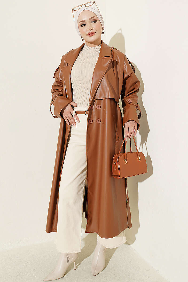 Double-Breasted Leather Trench Coat with Epaulettes - Tan