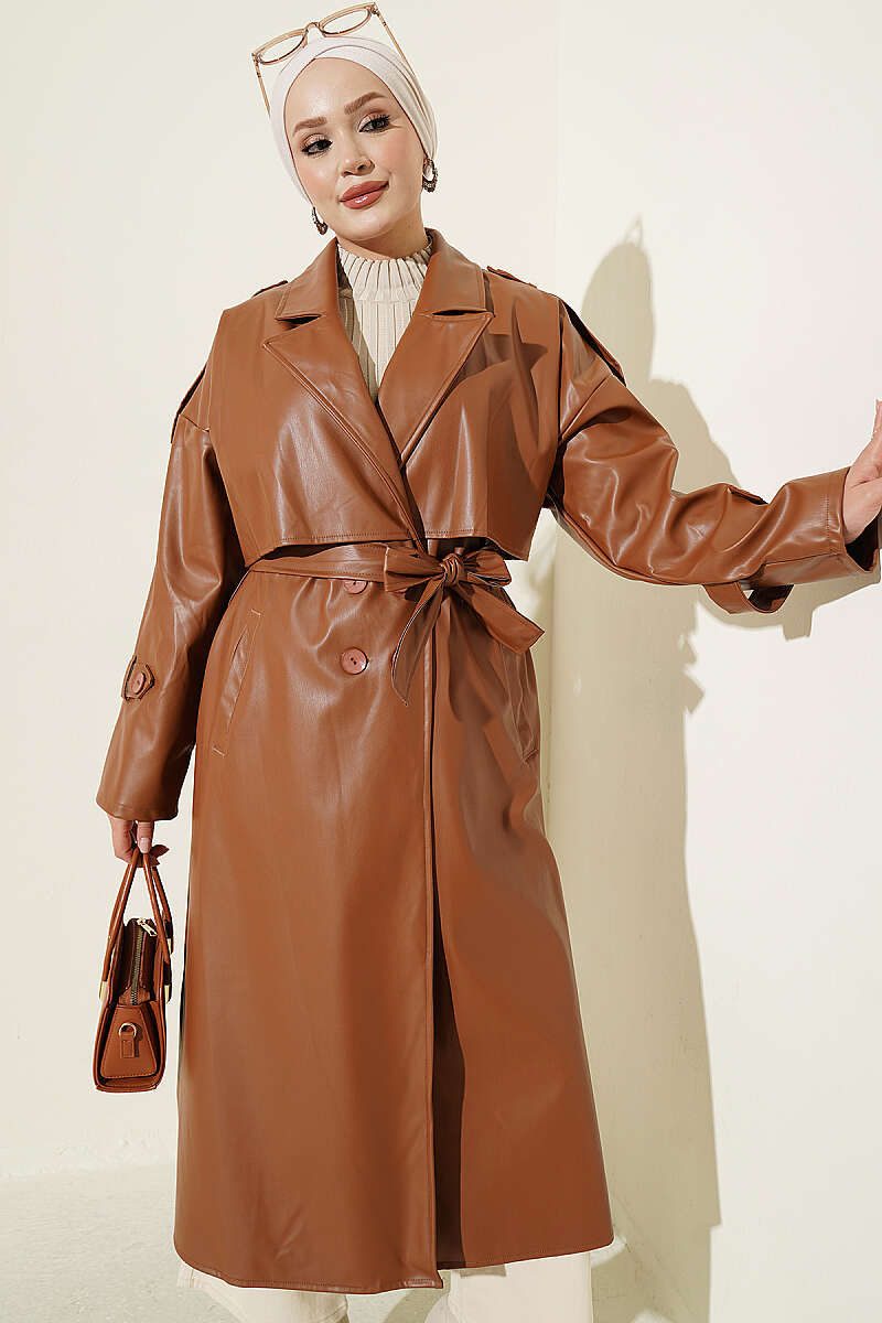 Double-Breasted Leather Trench Coat with Epaulettes - Tan