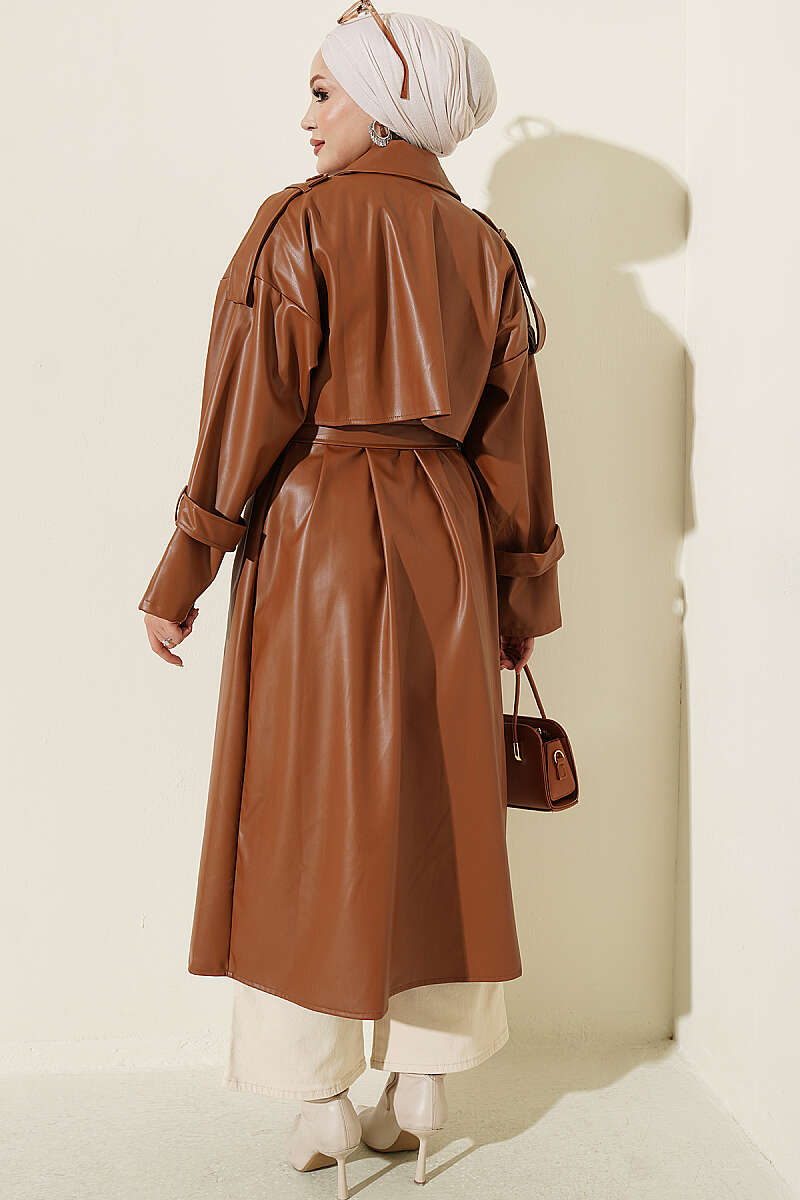 Double-Breasted Leather Trench Coat with Epaulettes - Tan