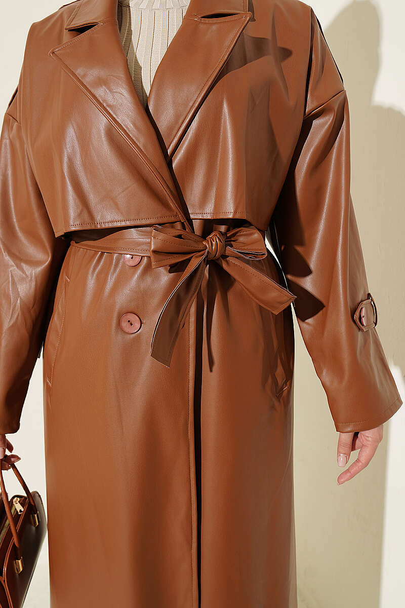 Double-Breasted Leather Trench Coat with Epaulettes - Tan